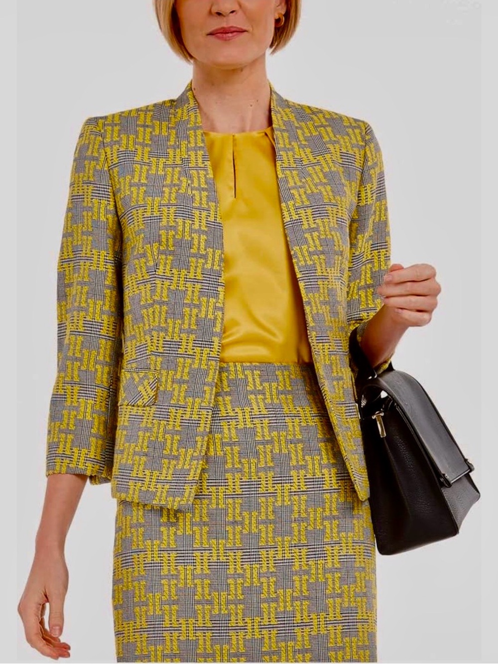 Kasper Yellow and Gray Jacquard Open-Front Blazer and Skirt